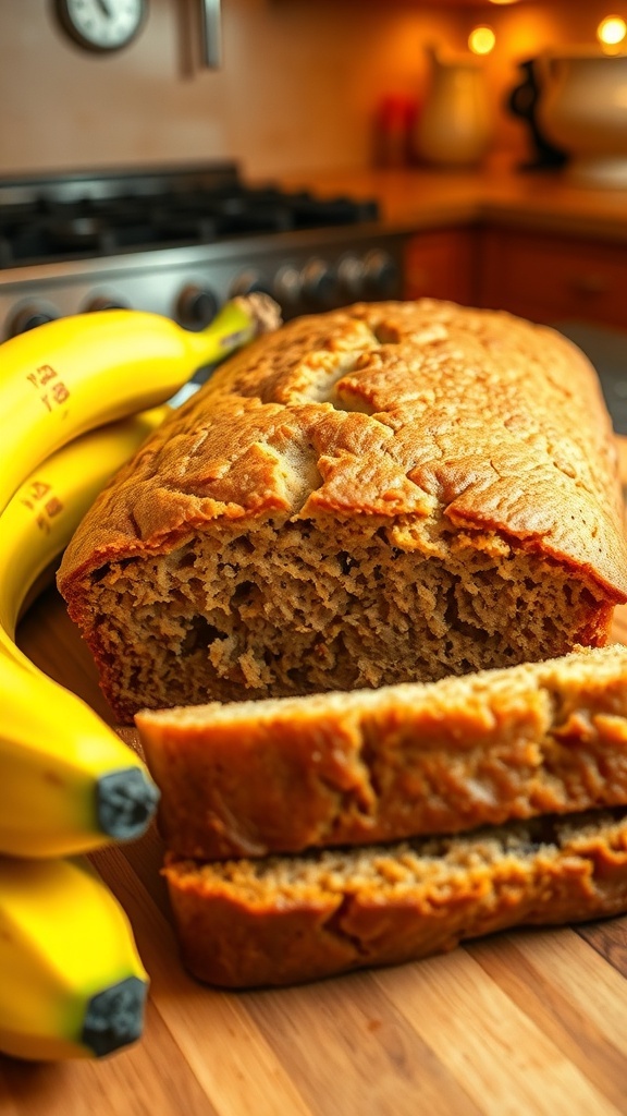 Moist Banana Bread Recipe with 4 Bananas A loaf of banana bread on a cutting board with ripe bananas, showcasing its golden crust and moist texture.